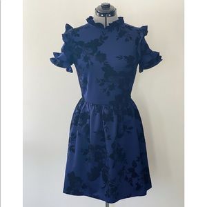 Aqua - NWT - blue with black flowers high neck ruffle brocade dress - size Large